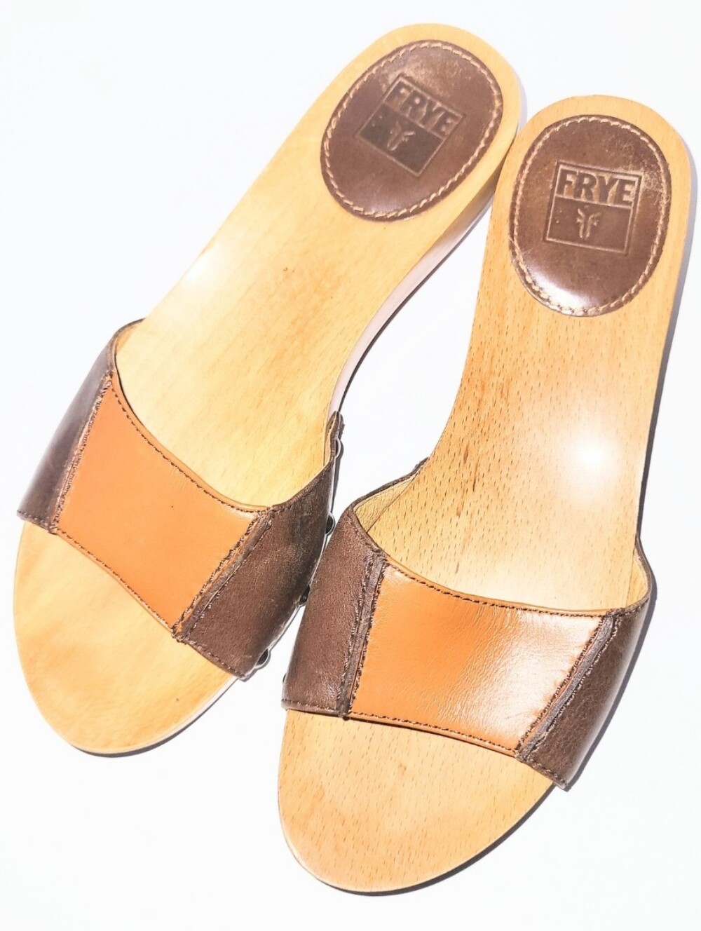Frye Ellie Slide Genuine Leather Wooden Low Wedge Sandals Size 6.5